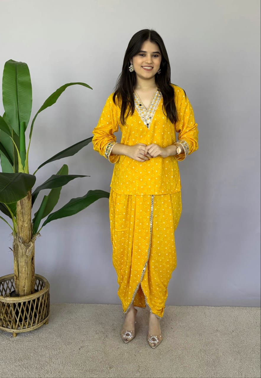 Yellow Bandhani Print Dhoti Co-ord Set with Mirror Work