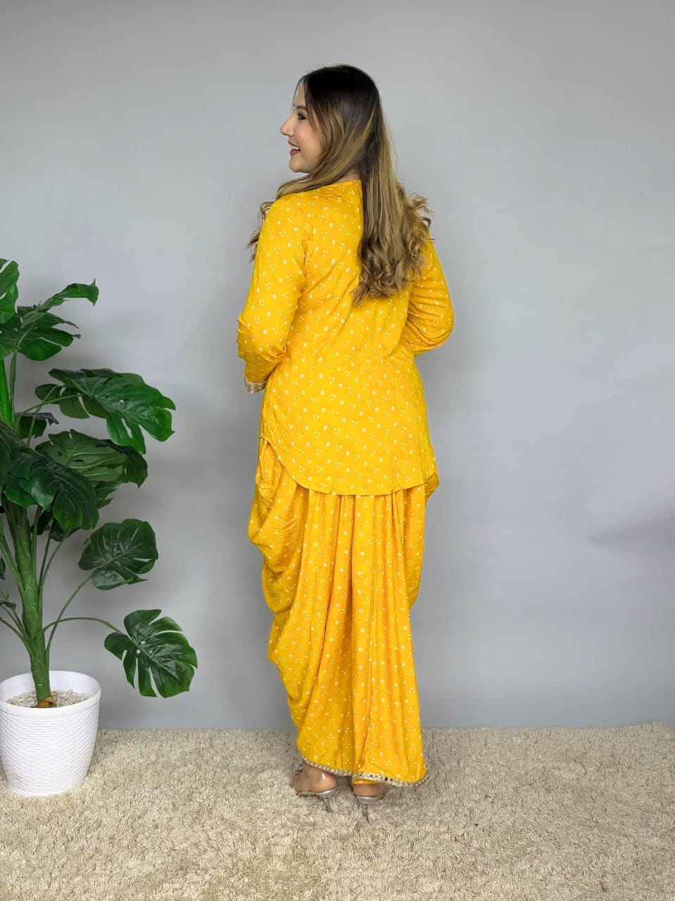 Yellow Bandhani Print Dhoti Co-ord Set with Mirror Work