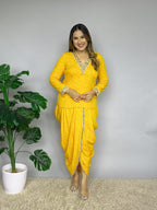 Yellow Bandhani Print Dhoti Co-ord Set with Mirror Work