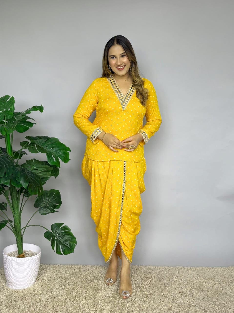 Yellow Bandhani Print Dhoti Co-ord Set with Mirror Work