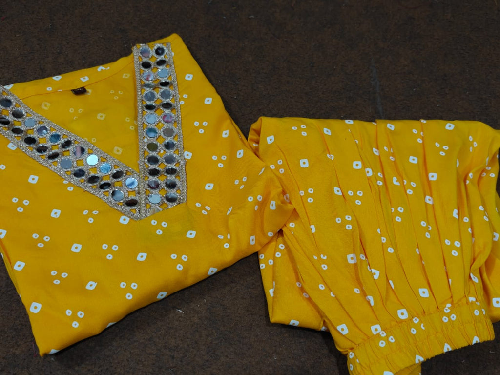 Yellow Bandhani Print Dhoti Co-ord Set with Mirror Work