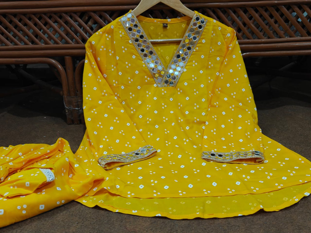 Yellow Bandhani Print Dhoti Co-ord Set with Mirror Work
