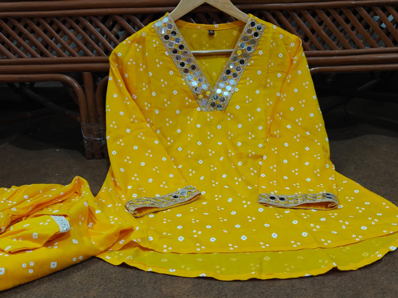 Yellow Bandhani Print Dhoti Co-ord Set with Mirror Work