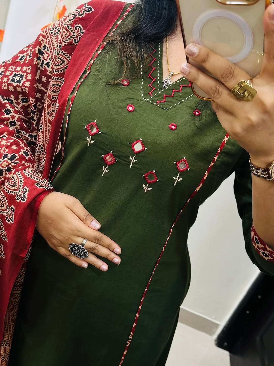Olive Green Embroidered Cotton Kurta Set with Floral Print Dupatta