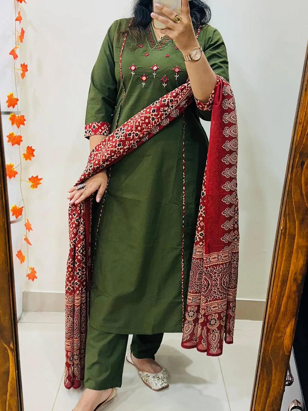 Olive Green Embroidered Cotton Kurta Set with Floral Print Dupatta