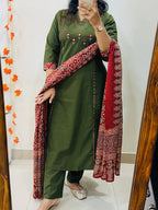 Olive Green Embroidered Cotton Kurta Set with Floral Print Dupatta