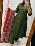 Olive Green Embroidered Cotton Kurta Set with Floral Print Dupatta