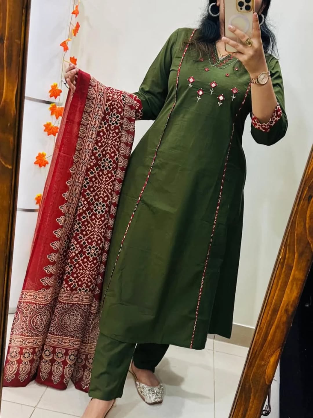 Olive Green Embroidered Cotton Kurta Set with Floral Print Dupatta