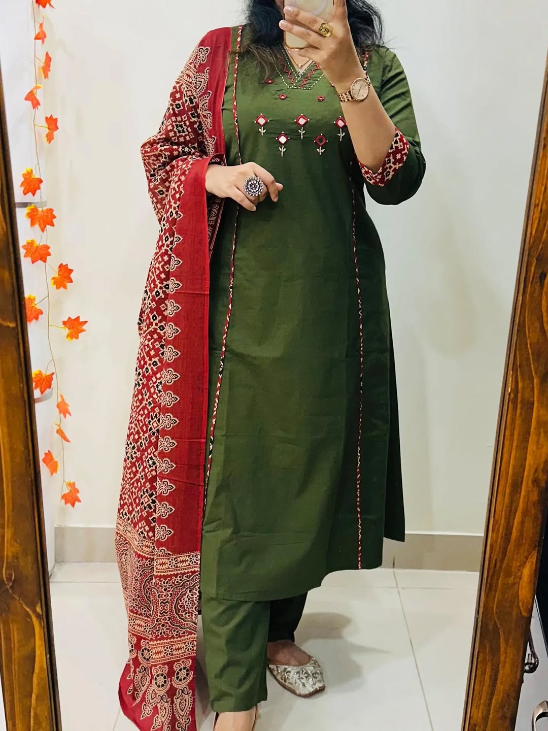 Olive Green Embroidered Cotton Kurta Set with Floral Print Dupatta