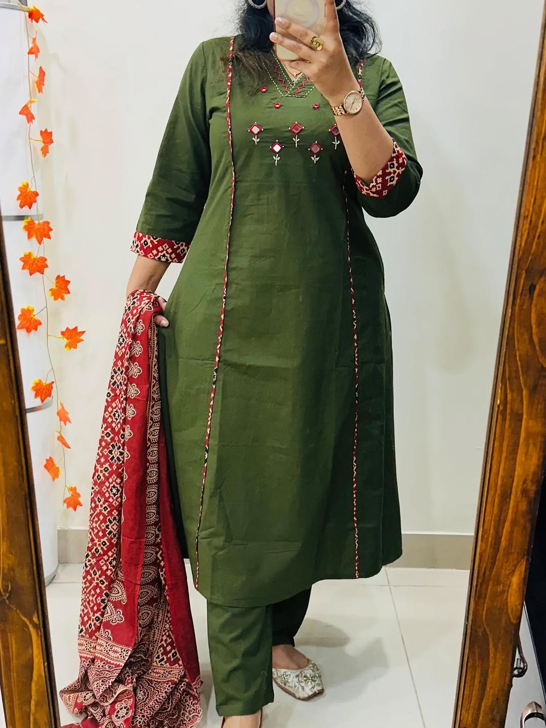 Olive Green Embroidered Cotton Kurta Set with Floral Print Dupatta