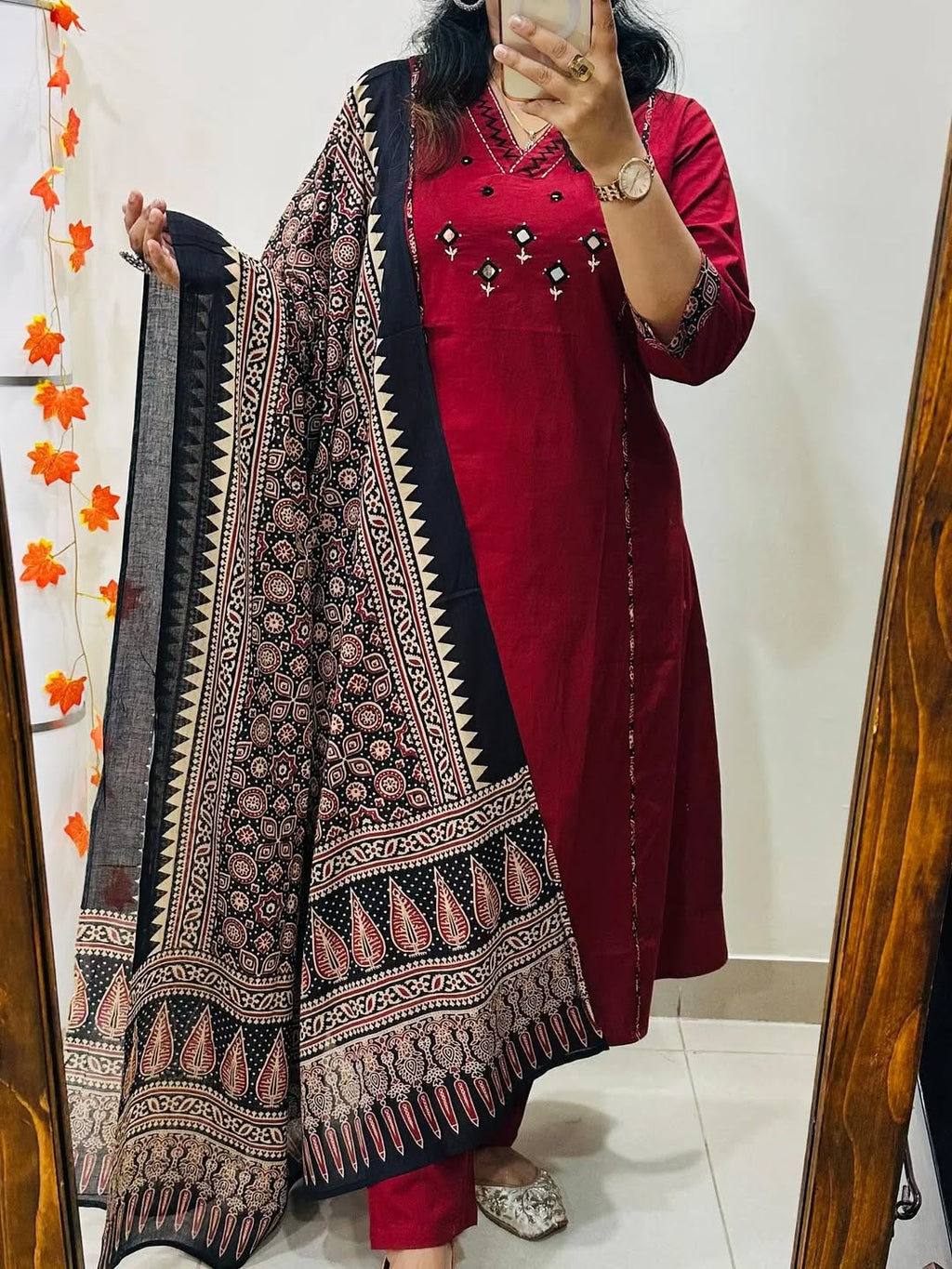 Maroon Embroidered Anarkali Kurta Set with Mirror Work and Contrast Dupatta