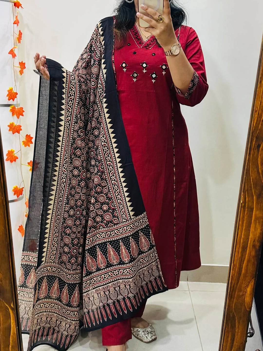 Maroon Embroidered Anarkali Kurta Set with Mirror Work and Contrast Dupatta