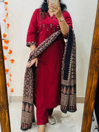 Maroon Embroidered Anarkali Kurta Set with Mirror Work and Contrast Dupatta