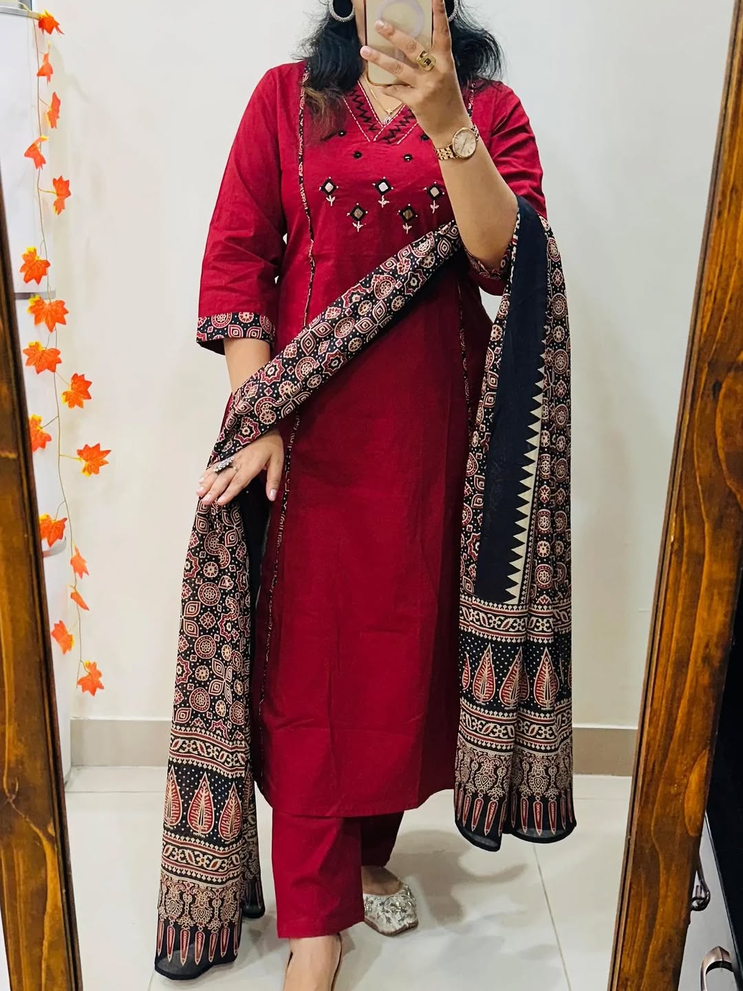Maroon Embroidered Anarkali Kurta Set with Mirror Work and Contrast Dupatta