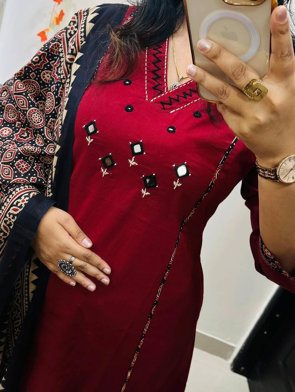 Maroon Embroidered Anarkali Kurta Set with Mirror Work and Contrast Dupatta