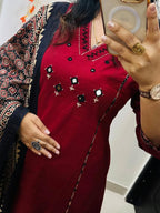Maroon Embroidered Anarkali Kurta Set with Mirror Work and Contrast Dupatta