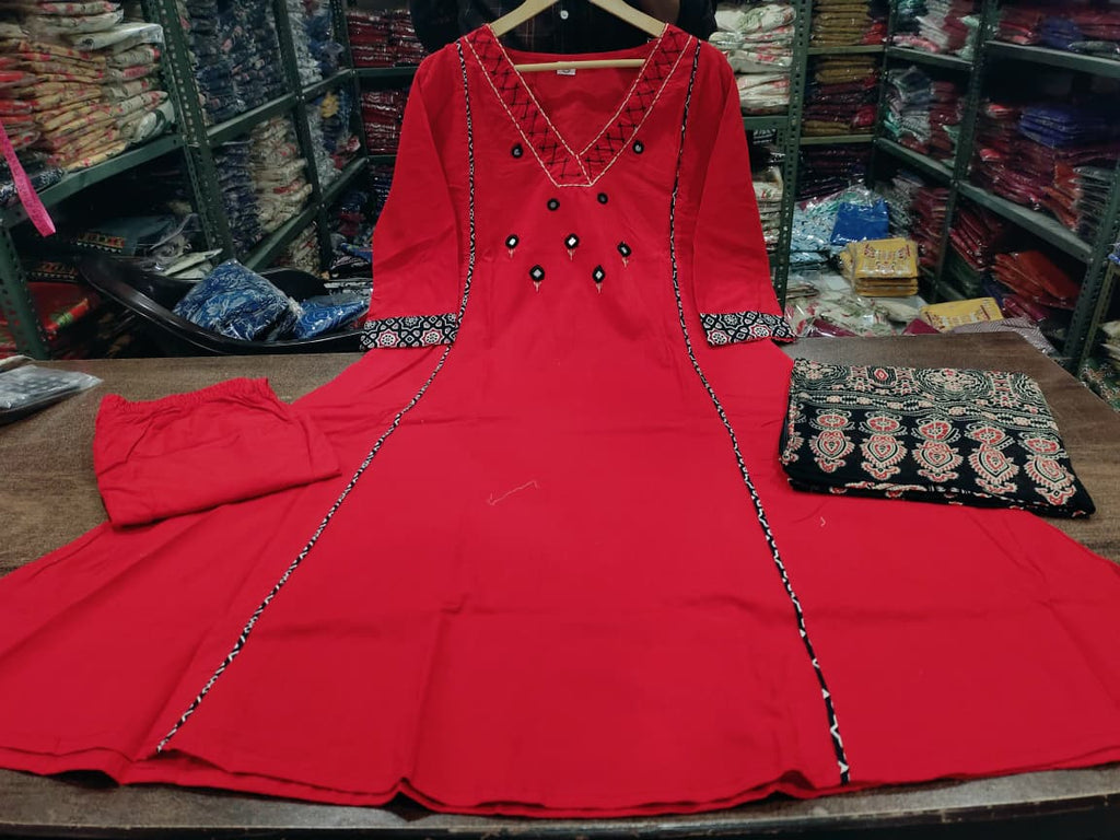 Maroon Embroidered Anarkali Kurta Set with Mirror Work and Contrast Dupatta