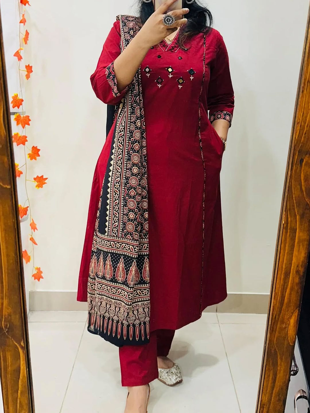 Maroon Embroidered Anarkali Kurta Set with Mirror Work and Contrast Dupatta