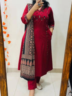 Maroon Embroidered Anarkali Kurta Set with Mirror Work and Contrast Dupatta
