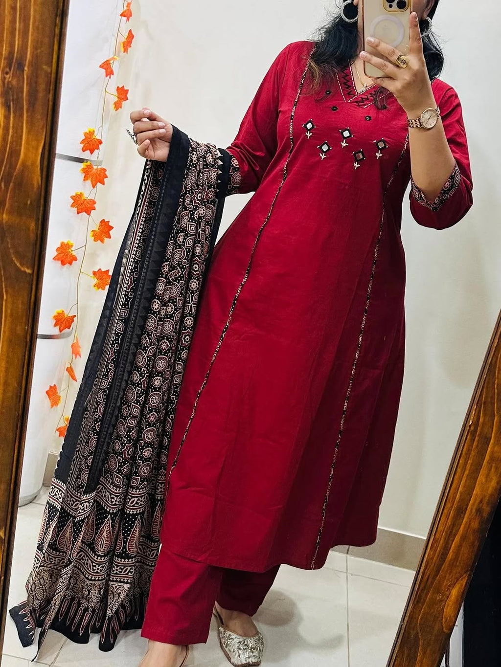 Maroon Embroidered Anarkali Kurta Set with Mirror Work and Contrast Dupatta