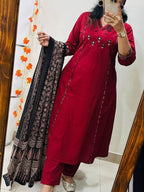 Maroon Embroidered Anarkali Kurta Set with Mirror Work and Contrast Dupatta