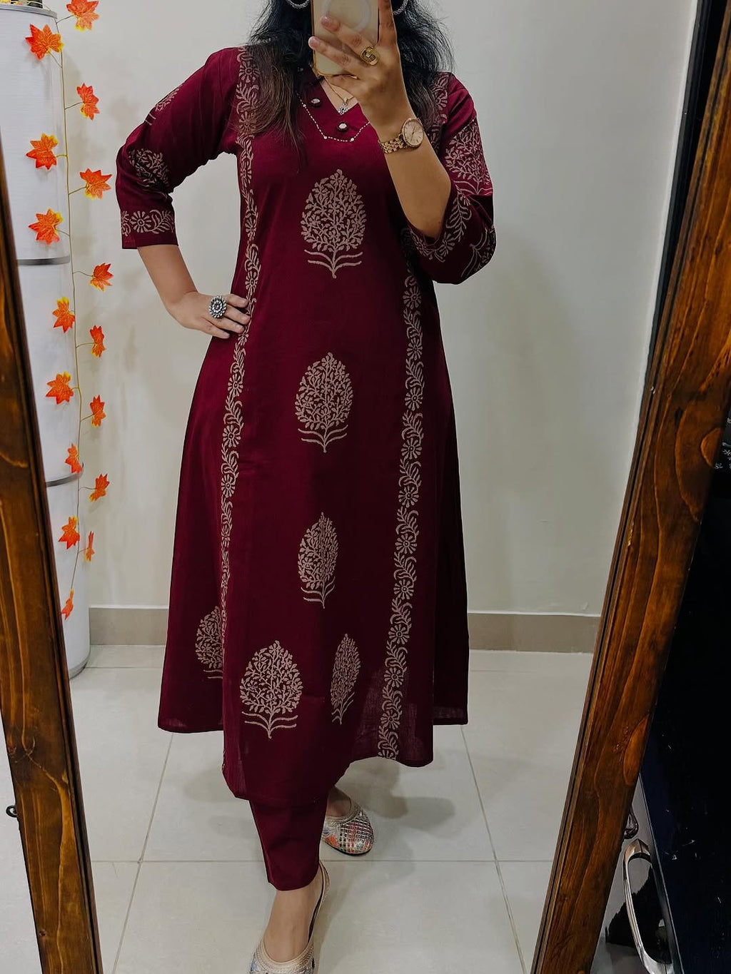 Maroon Handblock Cotton Kurti Pant Set with Mirror & Sequin Work