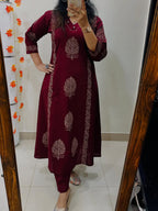 Maroon Handblock Cotton Kurti Pant Set with Mirror & Sequin Work
