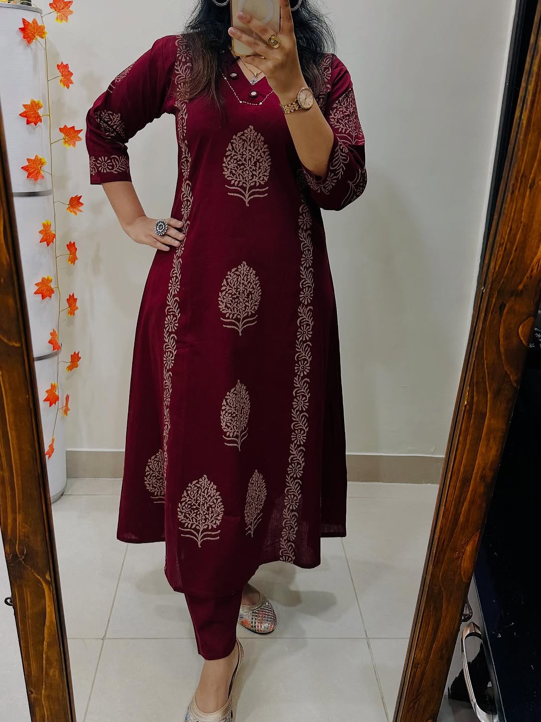 Maroon Handblock Cotton Kurti Pant Set with Mirror & Sequin Work