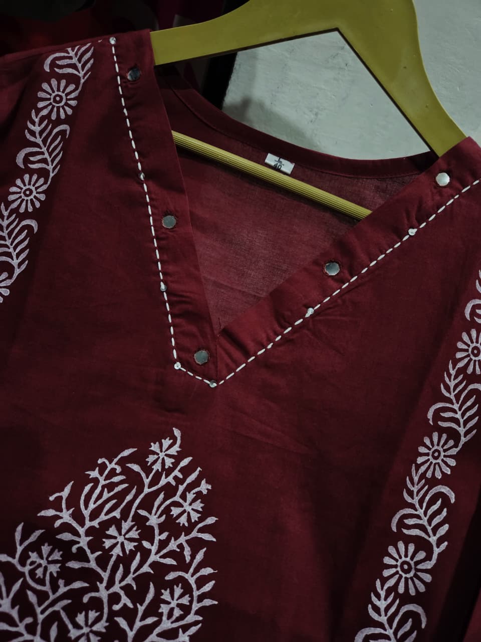 Maroon Handblock Cotton Kurti Pant Set with Mirror & Sequin Work
