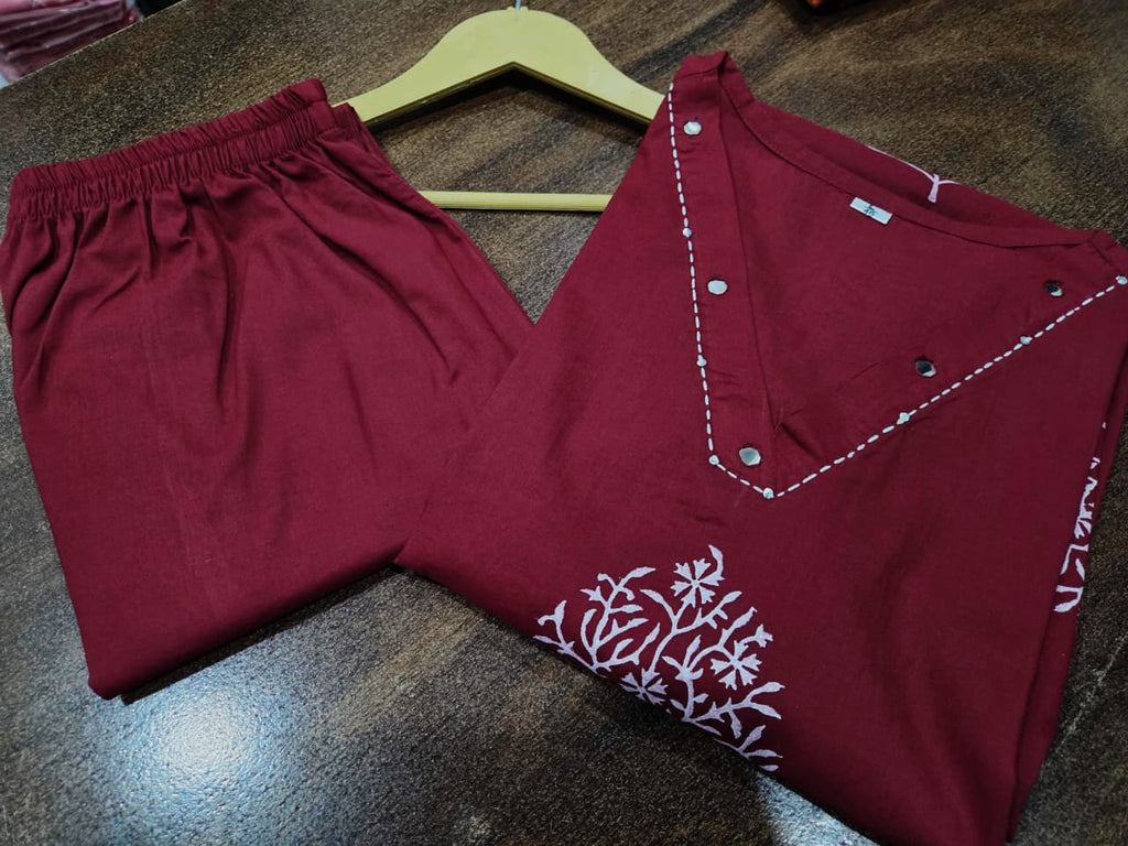 Maroon Handblock Cotton Kurti Pant Set with Mirror & Sequin Work
