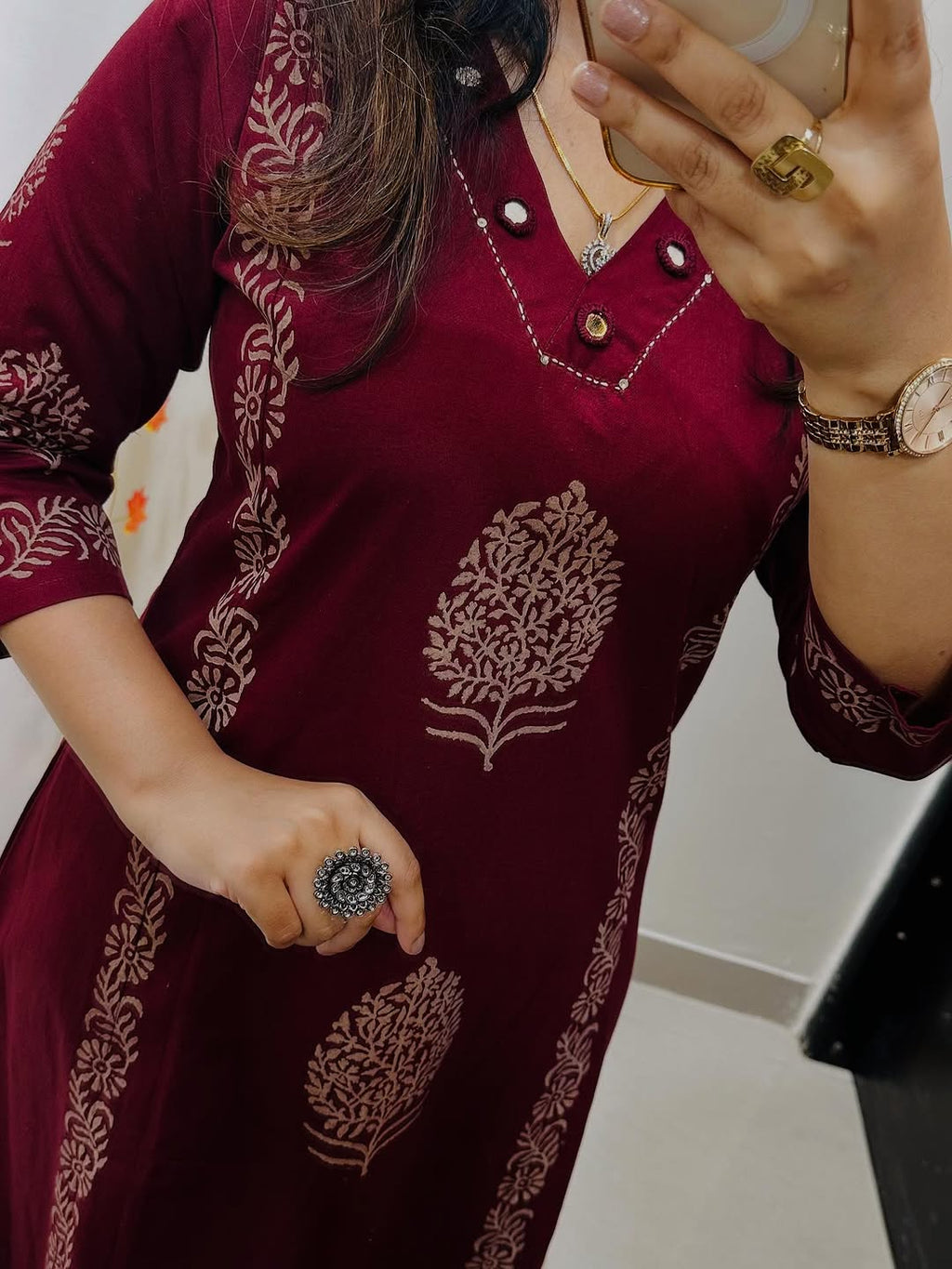 Maroon Handblock Cotton Kurti Pant Set with Mirror & Sequin Work