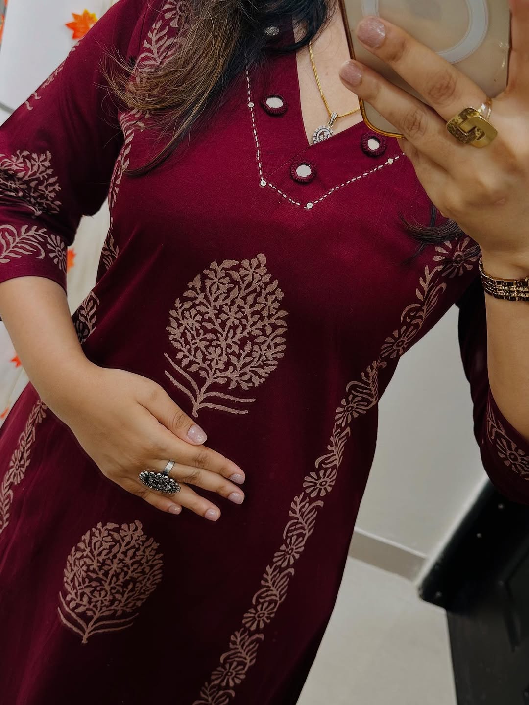 Maroon Handblock Cotton Kurti Pant Set with Mirror & Sequin Work