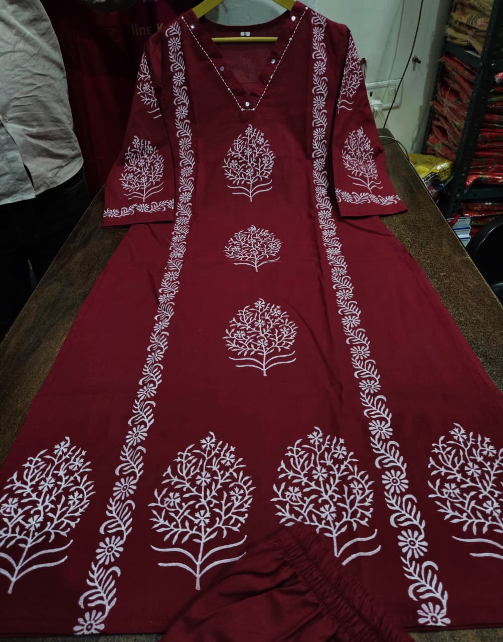 Maroon Handblock Cotton Kurti Pant Set with Mirror & Sequin Work