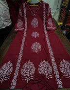 Maroon Handblock Cotton Kurti Pant Set with Mirror & Sequin Work