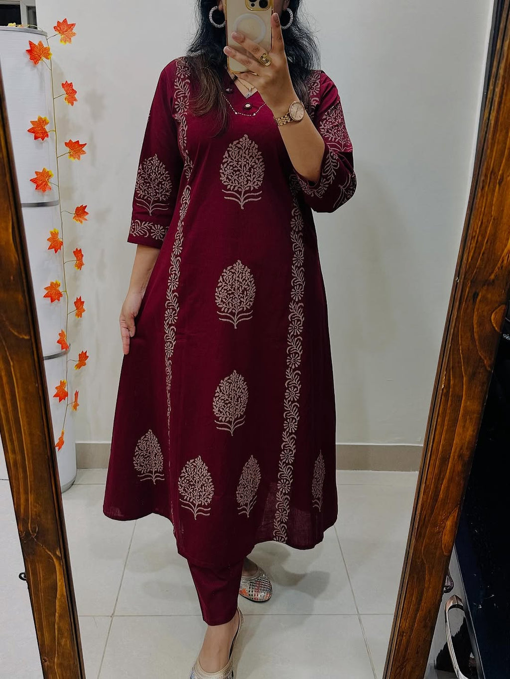 Maroon Handblock Cotton Kurti Pant Set with Mirror & Sequin Work