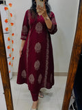 Maroon Handblock Cotton Kurti Pant Set with Mirror & Sequin Work