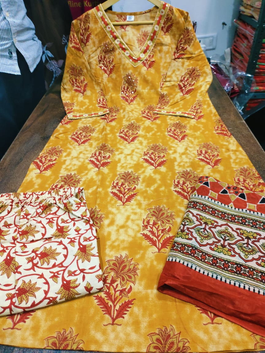 Zariya Kalamkari Print Cotton Suit Set with Dupatta