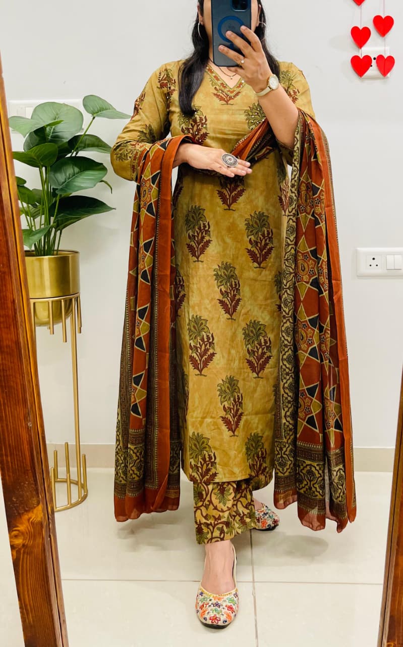 Zariya Kalamkari Print Cotton Suit Set with Dupatta