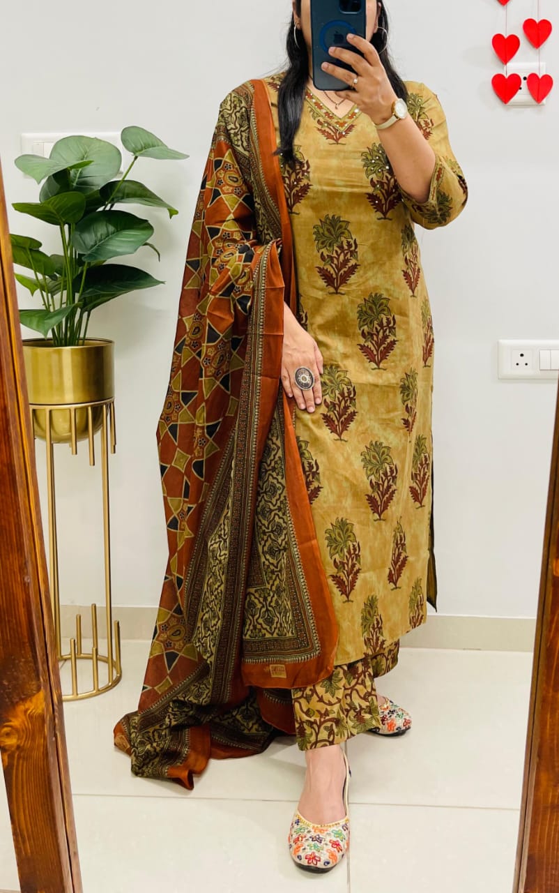 Zariya Kalamkari Print Cotton Suit Set with Dupatta