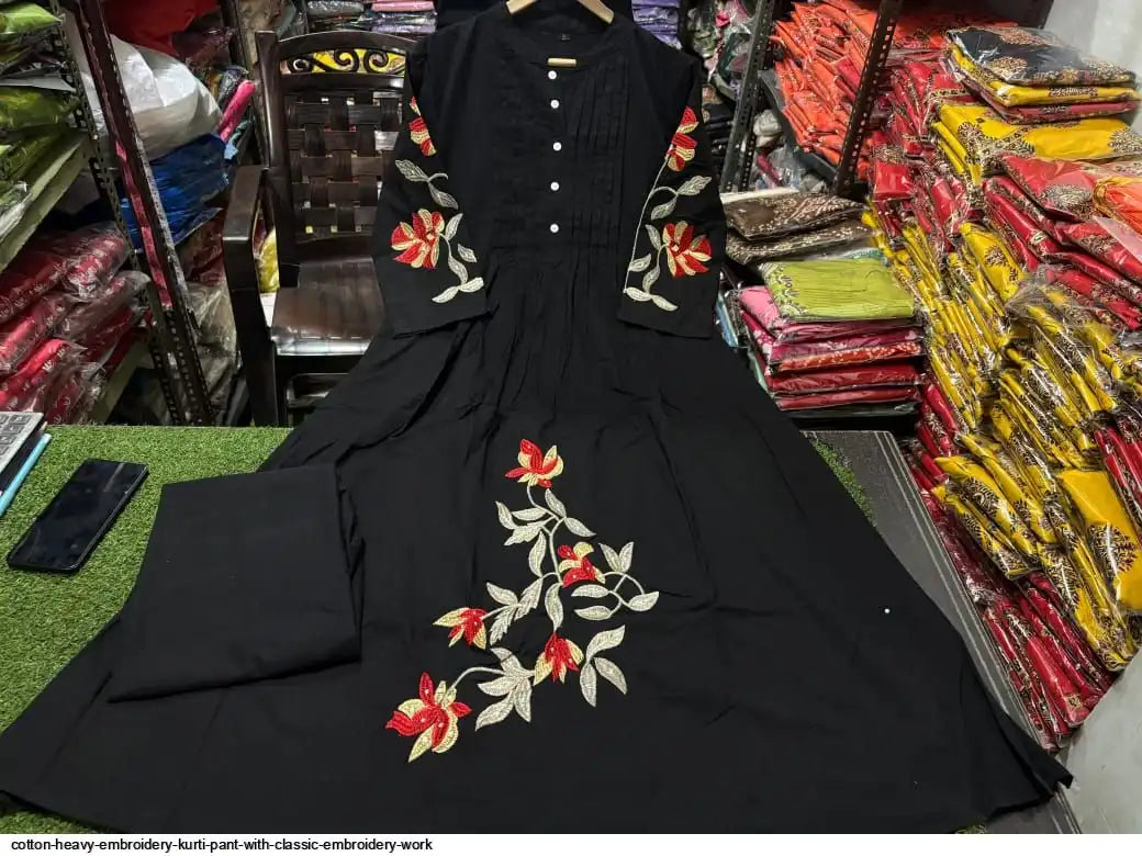 Black A Line Threadwork cotton Kurta Set