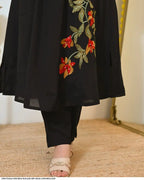 Black A Line Threadwork cotton Kurta Set
