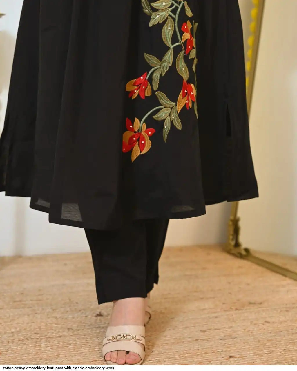 Black A Line Threadwork cotton Kurta Set