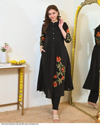Black A Line Threadwork cotton Kurta Set