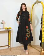 Black A Line Threadwork cotton Kurta Set