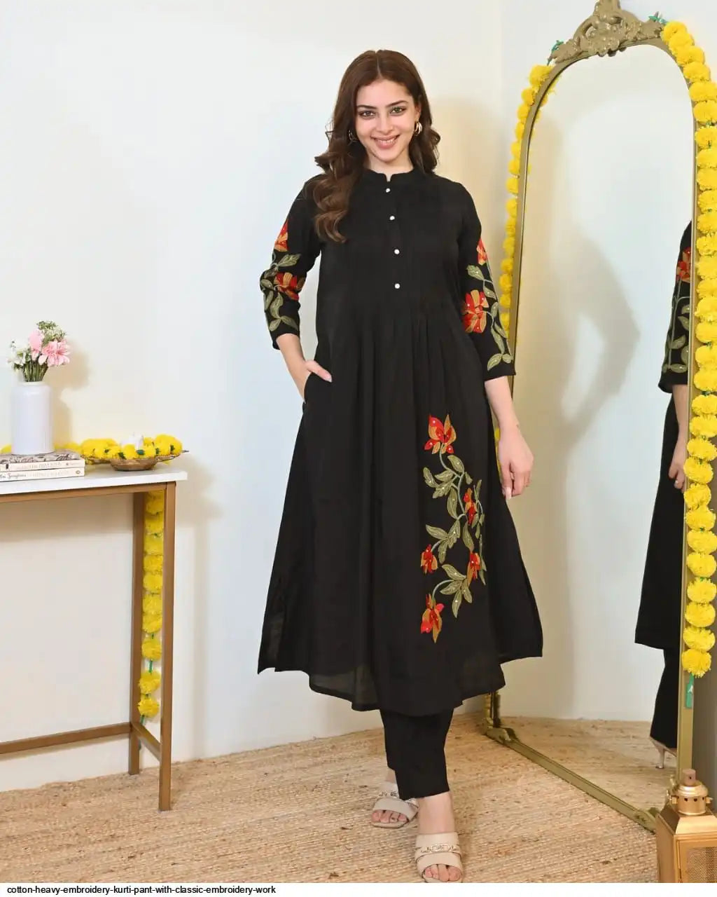 Black A Line Threadwork cotton Kurta Set