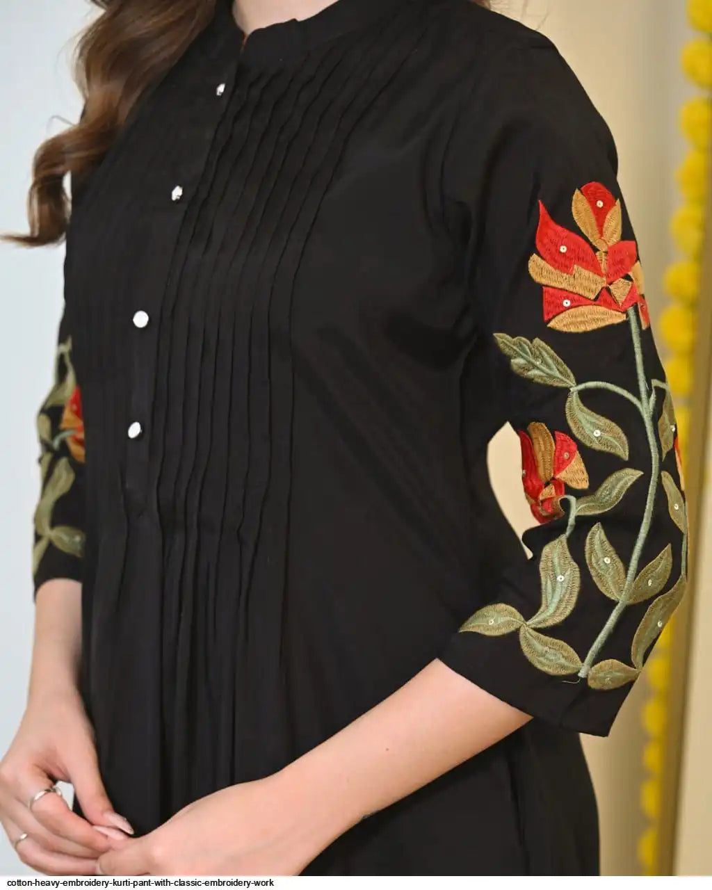 Black A Line Threadwork cotton Kurta Set