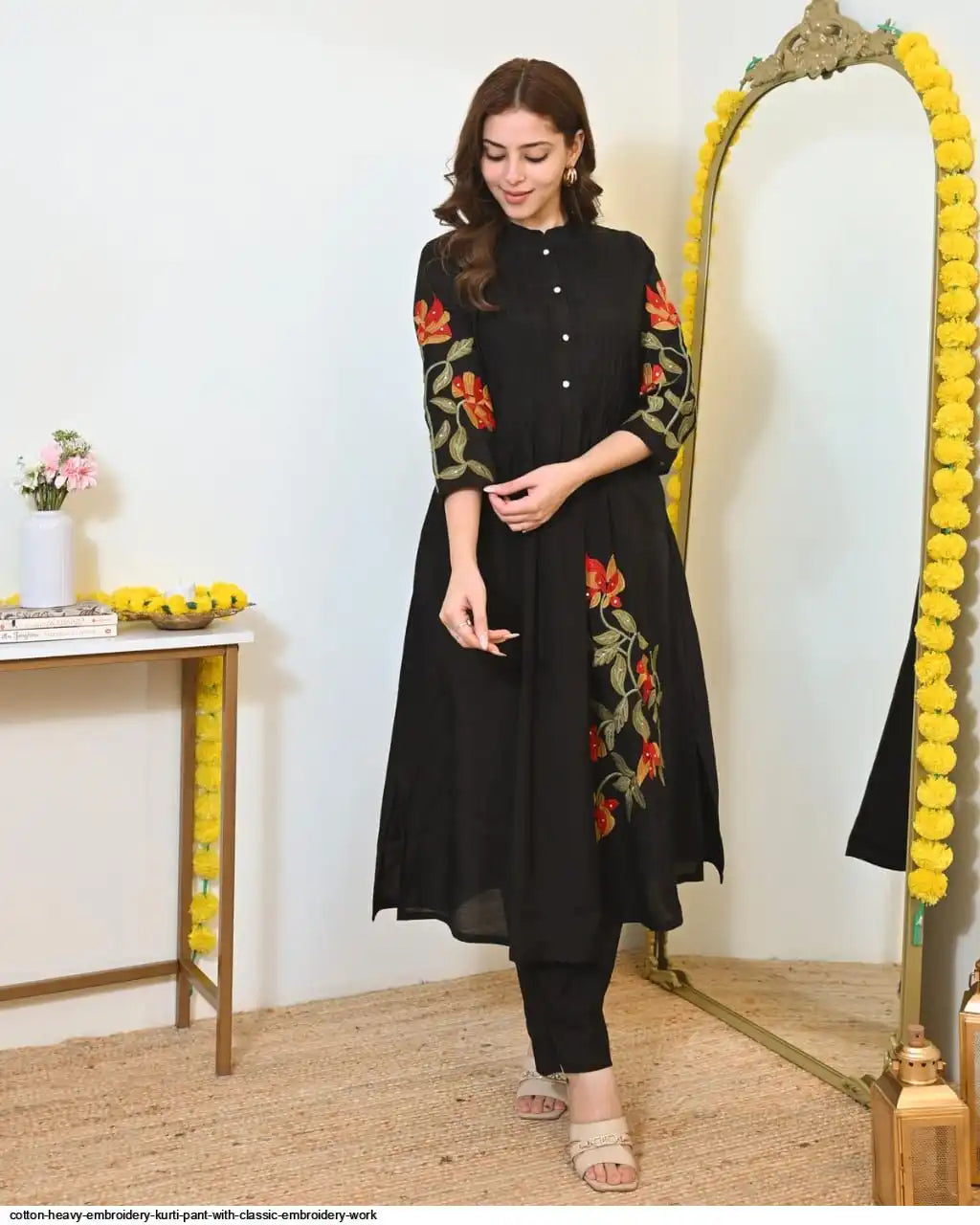 Black A Line Threadwork cotton Kurta Set