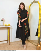 Black A Line Threadwork cotton Kurta Set
