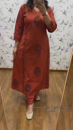 Rust Aura Handblock Cotton Kurti Pant Set