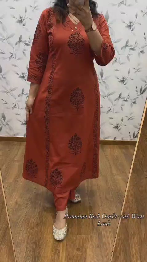 Rust Aura Handblock Cotton Kurti Pant Set